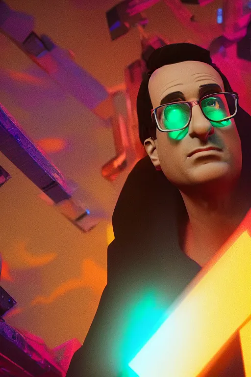Image similar to bob saget, vaporwave style, dramatic, character showcase, dynamic lighting, 8 k, unreal 5 render, ray tracing, hyperrealistic, intricate, color grading