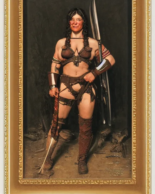 Prompt: front view portrait of a savage muscular barbarian female with leather armor, by norman rockwell