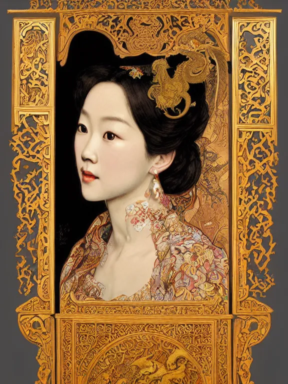 Prompt: an art nouveau head and shoulders portrait oil painting of a pretty young zhang ziyi, dressed in a traditional, modest chinese intricately embroidered silk gown with a high collar, in front of a carved screen showing a tiger and a dragon, intricate, detailed, smooth, complex, elaborate, by alphonse mucha and james gurney and john william waterhouse