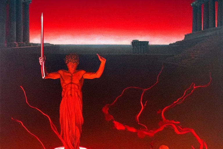 Image similar to only with red, a red melted apollo with a laurel wreath and a flaming sword announce win, athens in background, in the style of beksinski, parts by edward hopper, parts by rodcenko, parts by yue minjun, intricate and epic composition, red by caravaggio, insanely quality, highly detailed, masterpiece, red light, artstation, 4 k