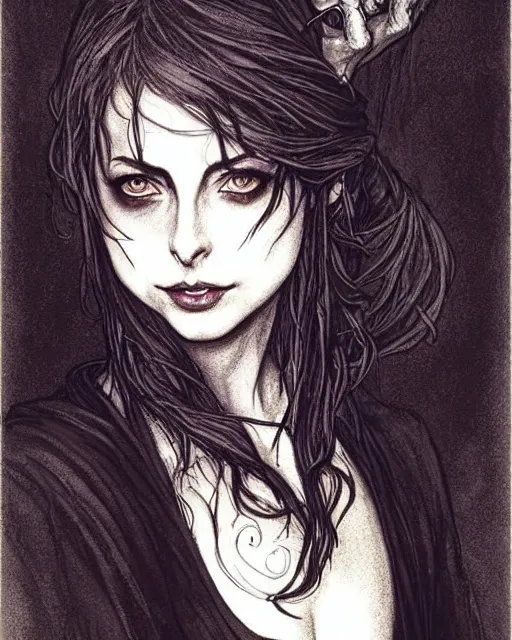 Image similar to style of arthur rackham, artgerm : : gorgeous willa holland : : evil witch, swirling black magic, black dress : : symmetrical face, symmetrical eyes : : full body pose : : gorgeous black hair : : magic lighting, low spacial lighting : :