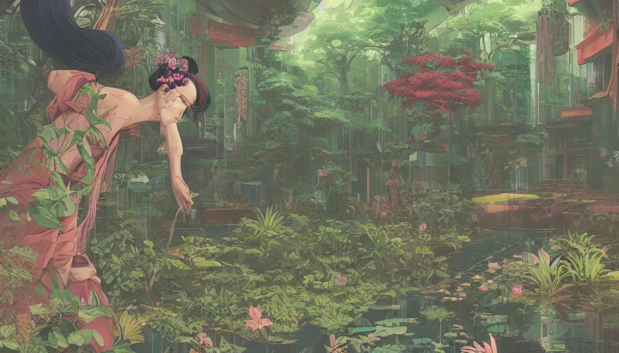 Prompt: a digital painting of a woman exploring a japanese temple, lush plants, eco - cyberpunk art by james jean, cgsociety, retrofuturism, anime aesthetic, chromatic, iridescent