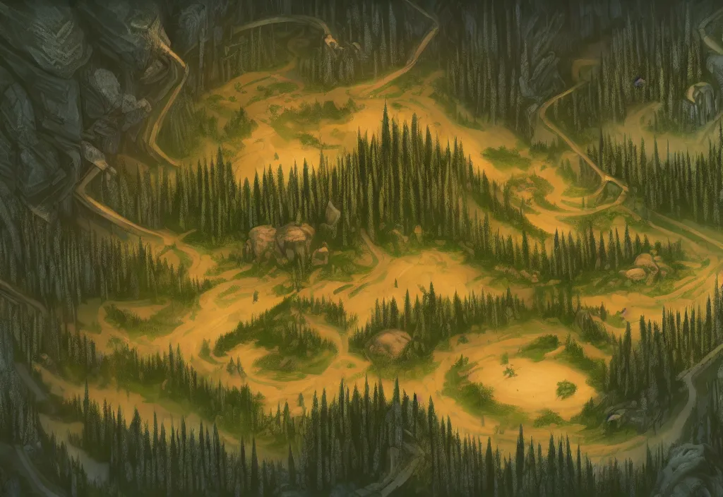 Image similar to blurry aerial view of the background of a forest that leads to a endless pit in the foreground, stylised painting, forest, medieval architecture, dynamic lighting, aesthetics, smooth, d & d, fantasy, asymmetrical, intricate, elegant, matte painting, illustration, hearthstone