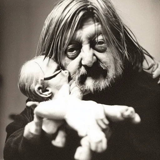 Image similar to robert wyatt cradling a goblin like a baby, photograph