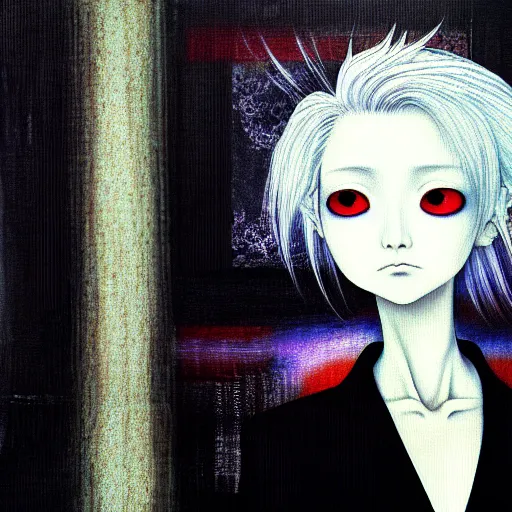 Image similar to yoshitaka amano blurred and dreamy realistic portrait of a woman with white hair and black eyes wearing dress suit with tie, junji ito abstract patterns in the background, satoshi kon anime, noisy film grain effect, highly detailed, renaissance oil painting, weird portrait angle, blurred lost edges, three quarter view