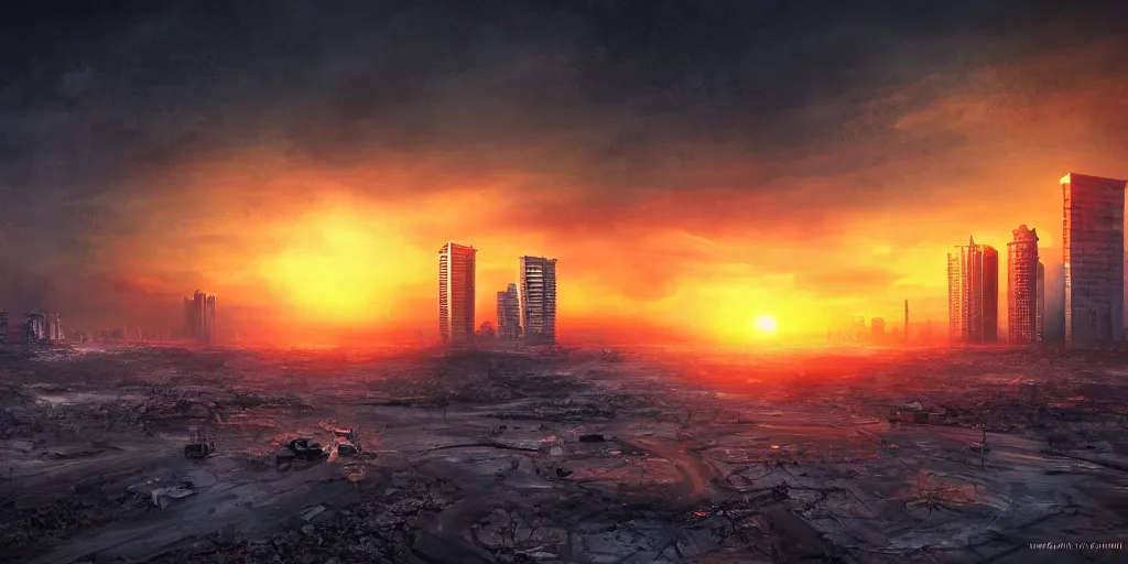 Prompt: nuclear winter, jakarta city, near future, fantasy, sci - fi, hyper realistic, serene, sunset.