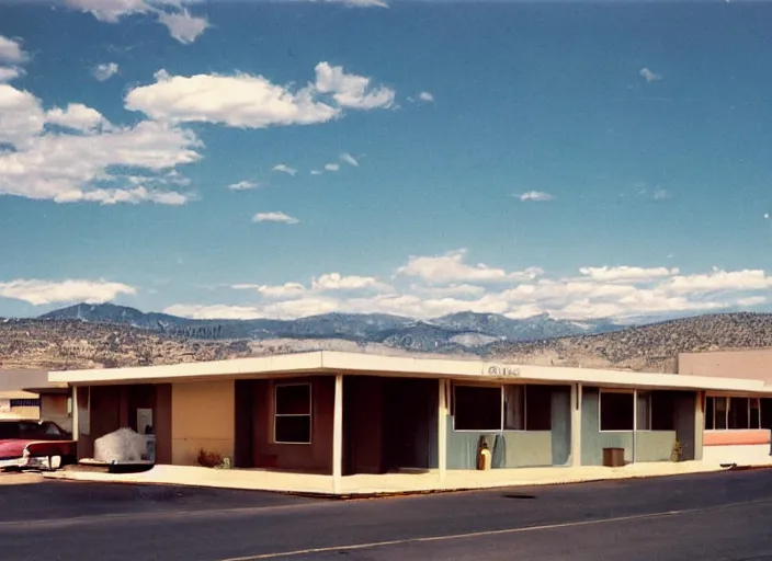 Image similar to a midcentury modern motel in reno nevada in the year 1 9 6 7