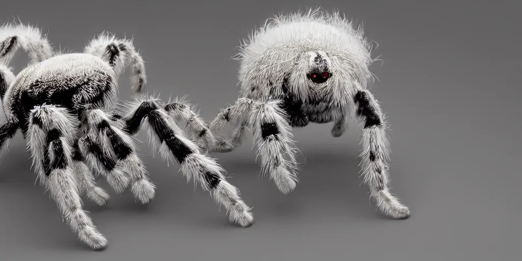 Image similar to white tarantula spider with red eyes, white background, fur, very realistic, highly detailed, hyperrealism, photo, by greg rutkowski, cinematic, dynamic lighting, octane render