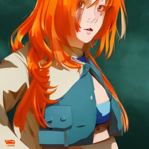 Prompt: very beautiful young anime girl with orange hair, dressed in soviet pioneer uniform, full body, long wavy blonde hair, sky blue eyes, full round face, bikini, miniskirt, front view, middle, highly detailed, colored manga drawing by wlop popular on artstation