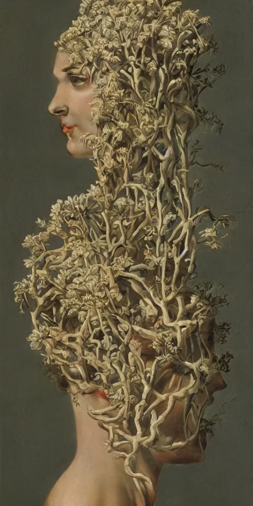 Image similar to the figure of a woman with many heads growing from the stem of a flowering plant, highly detailed, hyperrealism