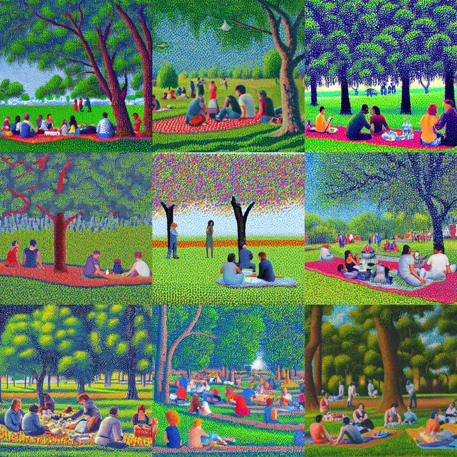 Prompt: people having a picnick in a city park on a clear day, in pointillism style