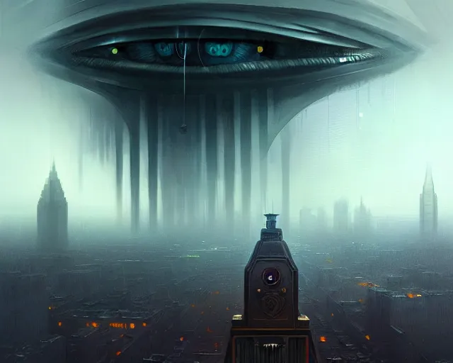 Image similar to 'The Great Eye Watches All', a digital painting of a great city being watched over by an all-seeing malevolent AI, a sci-fi digital painting by Greg Rutkowski and James Gurney, trending on Artstation, foreboding atmosphere, highly detailed