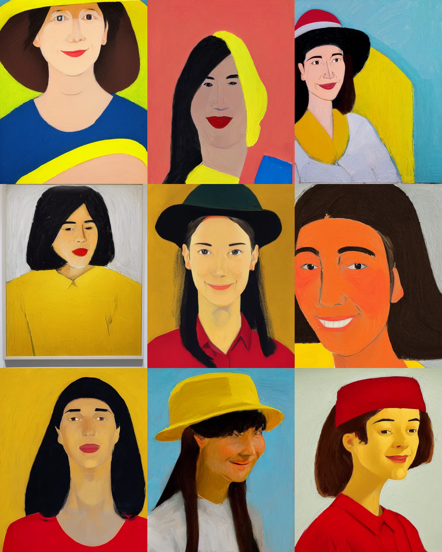 Prompt: portrait of a smiling young woman with hat, long hair and red shirt, yellow background, light colors, by alex katz, close up