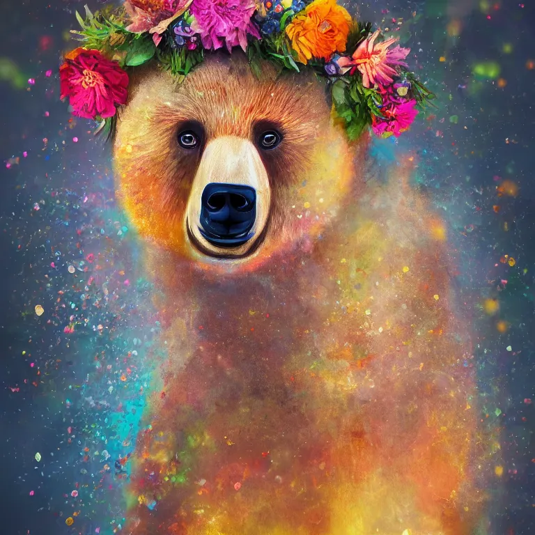 Prompt: a very artistic painting of a single bear with flowers on his head, beautiful and cute, long exposure, high quality, detailed, 8 k resolution, analytical art, art photography, moco