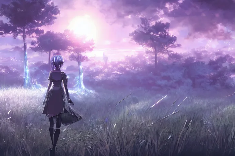 Prompt: scenery artwork, scene beautiful, light essence bioluminescent acrylic and cold nier automata pixiv scenery artwork : nature dream wire vegetation magic density infinite, macro seminal dream points of icy, frozen vaporwave shards tempted to turn into a dream scenery, high quality topical render, nier automata, concept art