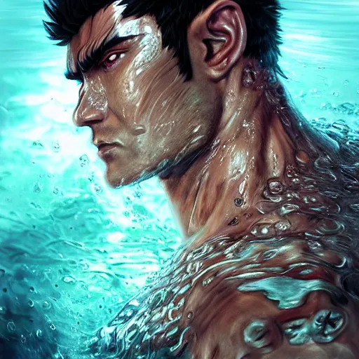 Image similar to photorealistic shockingly amazing portrait of guts from berserk submerged in water ,extremely detailed, made by wlop and maxwell boas