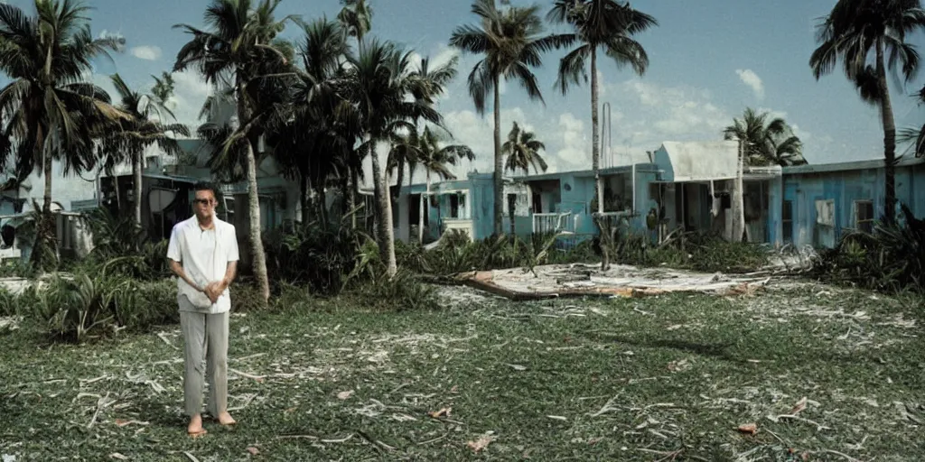 Prompt: wide shot of John Turturro standing in a surreal defunct florida keys abandoned resort with palm trees around a pool, a surreal vaporwave liminal space, 1970s thriller, color kodak Kubrick film, anamorphic lenses