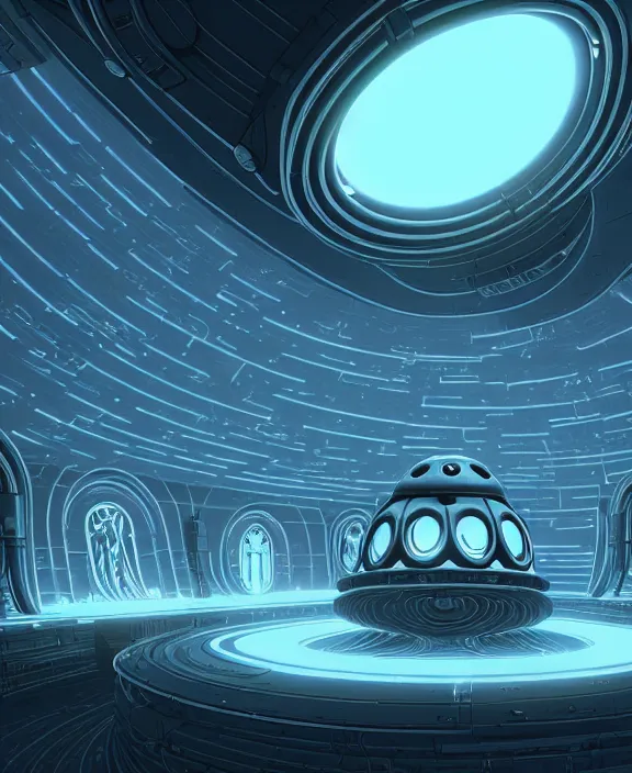 Image similar to simplicity, a small cathedral made out of alien creatures, biological, in the style of a round spaceship, surrounded by auras, by dan mumford, yusuke murata, makoto shinkai, ross tran, cinematic, unreal engine, cel shaded, featured on artstation, pixiv