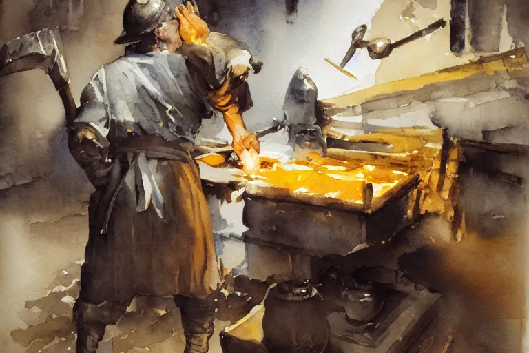 Prompt: centered on watercolor paper, paint brush strokes, smudged abstract watercolor painting of medieval blacksmith with apron, anvil, hammer, glow, forging a sword, cinematic light, national romanticism by hans dahl, by jesper ejsing, by anders zorn, by greg rutkowski, by greg manchess, by tyler edlin