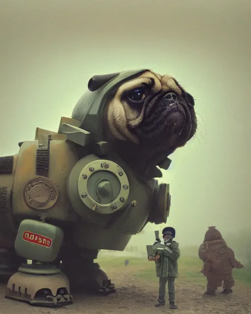 Image similar to giant oversized chubby bulky armored train pug dog robot mech, with big pug head , rocket launcher , on a village , Cinematic focus, fujicolor photo, vintage, neutral colors, soft lights, foggy, panorama by by Serov Valentin, by lisa yuskavage, by Andrei Tarkovsky