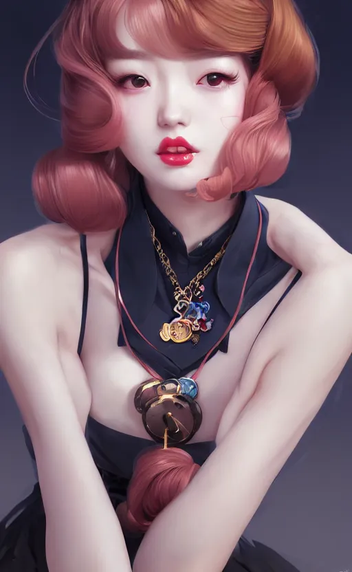 Image similar to a pin up and beautiful fashion charming dreamlke korea girl with lv jewelry, character art, art by artgerm lau and kyoung hwan kim and and ilya kuvshinov and john singer sargent, hyperdetailed, 8 k realistic, symmetrical, frostbite 3 engine, cryengine, dof, trending on artstation, digital art