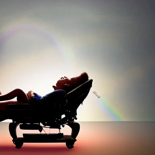 Image similar to person receiving acupuncture treatment in a recliner chair floating in the sky, beautiful, rainbows, dramatic lighting