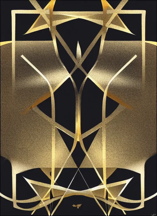 Prompt: symmetrical, award - winning painting, abstract, gold and silver shapes, rectangles, geometry, elegant, luxurious, beautiful, pitch black background, dali