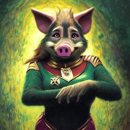 Image similar to a female pig wolf canine in starfleet uniform at night in a dark forest. zootopia fursona furaffinity furry art detailed face painting by gaston bussiere craig mullins jc leyendecker gustav klimt artgerm greg rutkowski furry