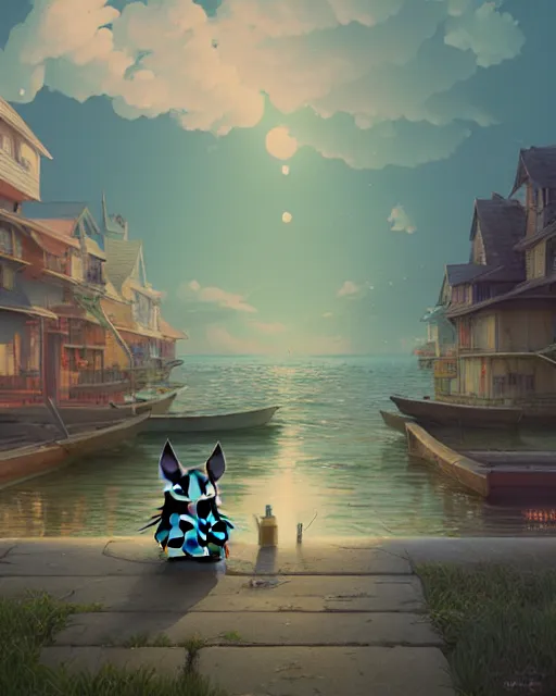 Image similar to highly detailed surreal vfx portrait of totoro in a seaside village, stephen bliss, unreal engine, greg rutkowski, loish, rhads, beeple, makoto shinkai and lois van baarle, ilya kuvshinov, rossdraws, tom bagshaw, alphonse mucha, global illumination, detailed and intricate environment