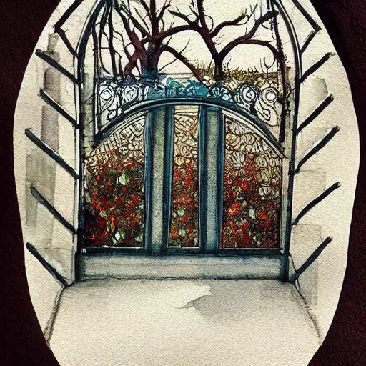 Image similar to delicate portrait, symmetric artwork, chairs, garden, paved, botanic watercolors, iridescent, 8 k, realistic shaded, fine details, artstation, italian, iron gate, tree, mediterranean, marvelous