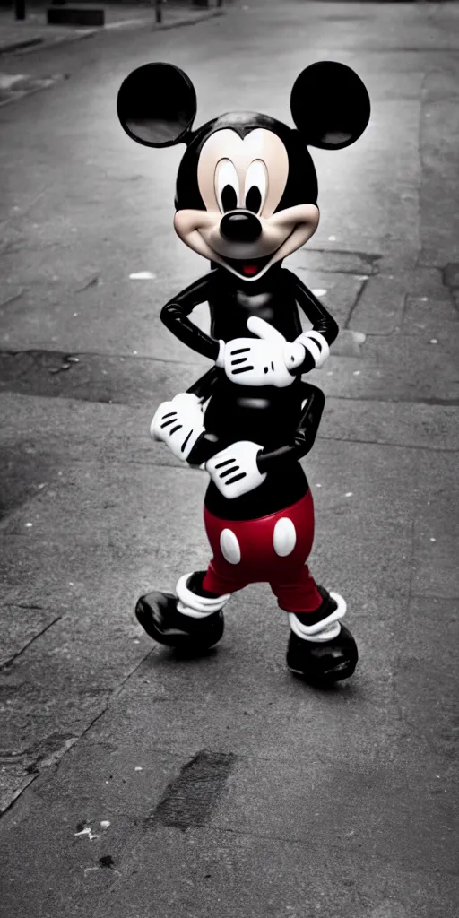 Prompt: photographic shot of mickey mouse wearing a latex outfit in front of berghain, berlin style, photography by sven marquardt, highly detailed, photorealistic, 4 k