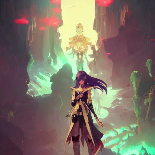 Prompt: cute necromancer, tales of erin, atelier ayesha. detailed bells. armor, intricate environment, synthwave colors, digital illustration by wlop, ross tran, ilya kuvshinov, peter mohrbacher, krenz cushart, victo ngai. crisp, sharp edges