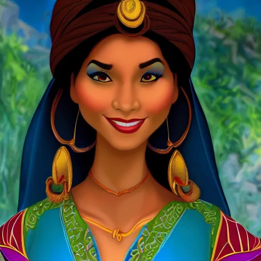 Prompt: beautiful digital rendering of jasmine from Disney's Aladdin, lifelike, highly detailed