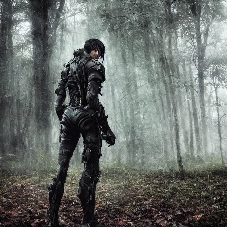 Prompt: eren yeager wearing a death stranding suit in a cyberpunk forest, beautiful face, stunning, octane render 8 k hdr, redshift render, rule of thirds, cinematic lighting, rainy weather, melancholy atmosphere, sharp focus, backlit, smooth, hard focus, full body shot, instagram photo, shot on sony a 7 iii, hyper realistic, cinematic