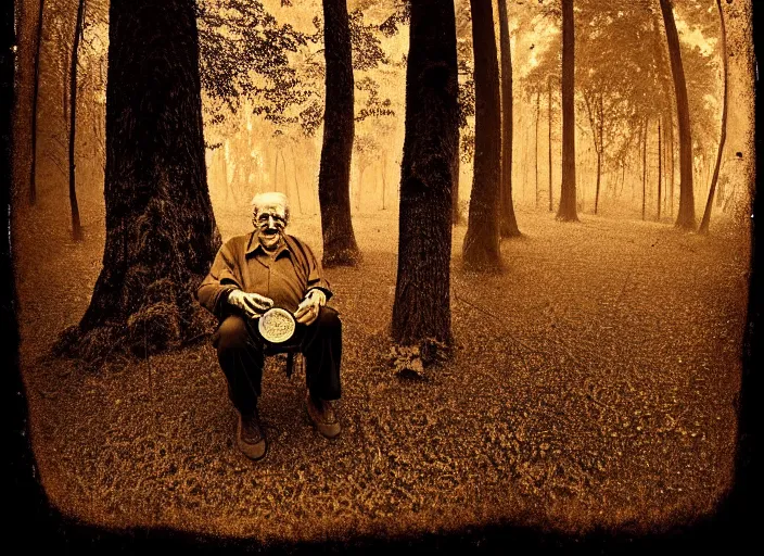 Image similar to old retro burnt out sepia photograph with scratches of an old and wrinkled man testing a golden coin with his teeth. magical forest in the background with bokeh. Antique. High quality 8k. Intricate. Sony a7r iv 35mm. Award winning. Zdzislaw beksinski style