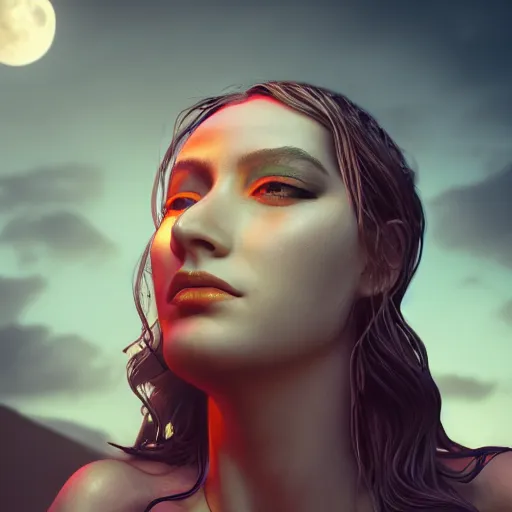 Image similar to portrait of moon witch, beautiful, attractive, glowing, jaw dropping, magical, dynamic lighting, dark, menacing, 4 k octane render, age 2 0, background moon