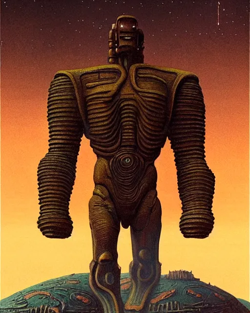 Image similar to portrait giant colossus humanoid with his fist up, brown armor, background ancient alien landscape, low angle, close up, concept art, intricate details, highly detailed, vintage sci - fi poster, retro future, vintage sci - fi art, in the style of chris foss, rodger dean, moebius, michael whelan, and gustave dore