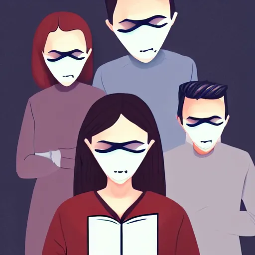 Image similar to realistic portrait of a terrified female author covering her face with a notebook while three male and one female characters look intensely, aesthetic!, trending on artstation, detailed digital art,