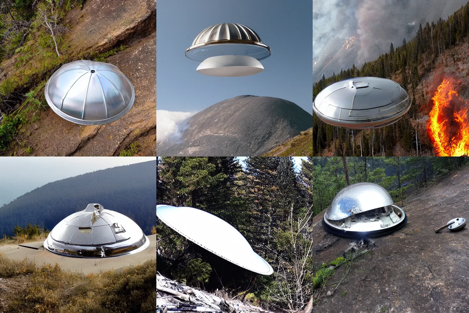 Prompt: shiny metallic silver UFO flying saucer with glass dome crashed into the side of a mountain, damaged smoking and burning