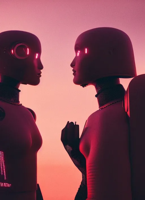 Image similar to cinestill 5 0 d photographic portrait of two loving female androids wearing rugged black mesh techwear on a desolate plain with a red sky, extreme closeup, cyberpunk style, garters, dust storm, 8 k, hd, high resolution, 3 5 mm, f / 3 2, ultra realistic faces, ex machina