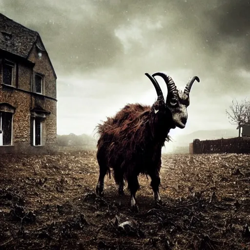 Prompt: horror, moody, still from film, daytime, muddy village square, wide shot, screeching mutant goat monster, powerful and huge, creeping on legs with hands, mouth crammed full of filthy jagged teeth, matted brown fur, in muddy medieval village square