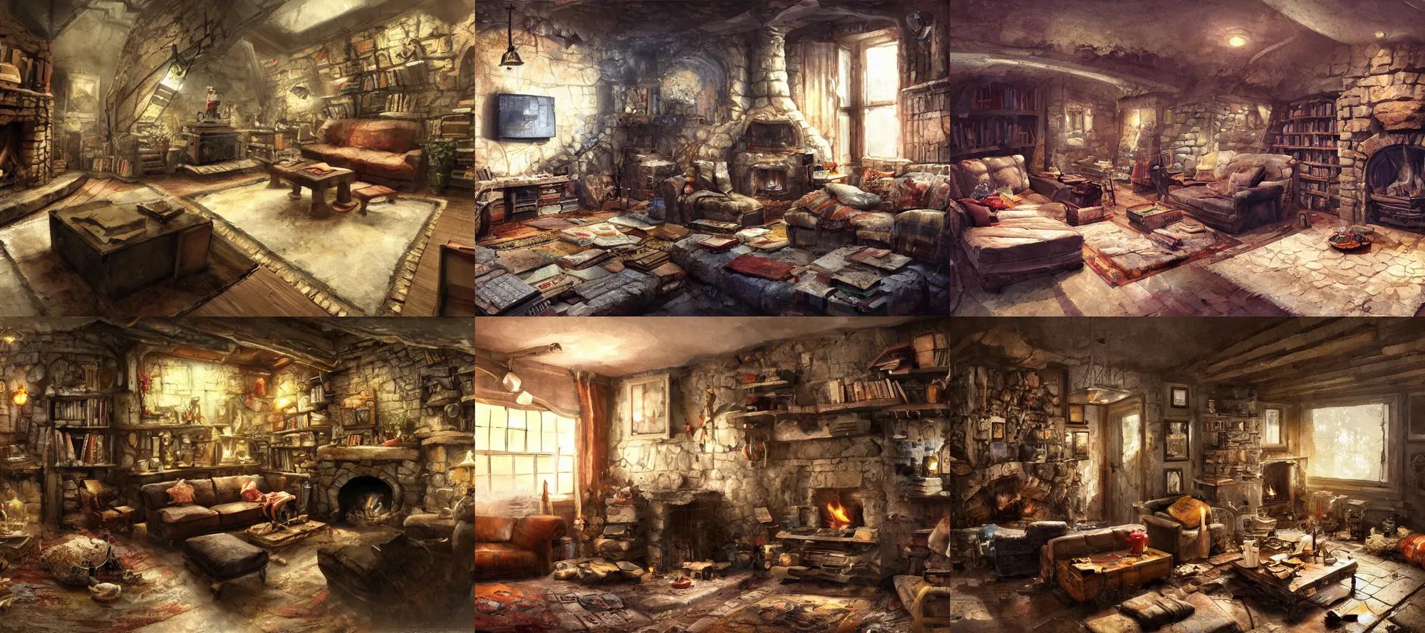 Prompt: a home very very deep underground, rock walls, dark dingy, kitchen table, stove, fridge, armchairs, fireplace, books on side table, rug on floor by fireplace, pictures of family on wall, cluttered, craig mullins, detailed watercolour, texture, 4k