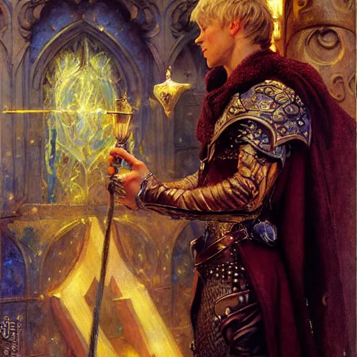 Prompt: handsome arthur pendragon in love with handsome merlin the mage. merlin is also in love with arthur. highly detailed painting by gaston bussiere, craig mullins, j. c. leyendecker