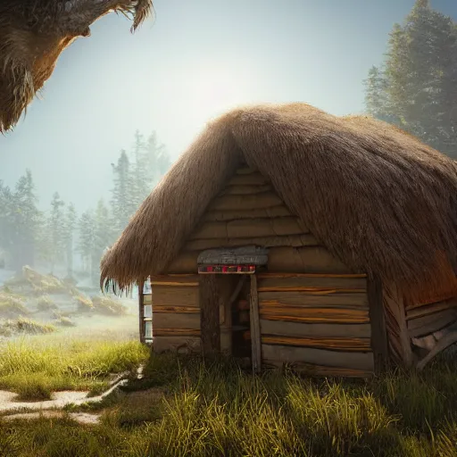 Image similar to griffin over a small hut highly detailed, photorealistic portrait, bright studio setting, studio lighting, crisp quality and light reflections, unreal engine 5 quality render