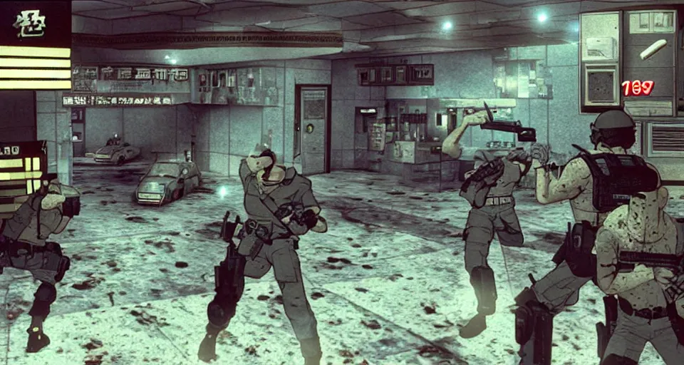 Prompt: 1987 Video Game screenshot for Akira style Anime Neo-tokyo Cyborg bank robbers vs police, Set inside of the Bank, Open Bank Vault, Multiplayer set-piece Ambush, Tactical Squads :10, Police officers under heavy fire, Suppressive fire, Pinned down, Destructible Enviorments, Gunshots, Bullet Holes and Anime Blood Splatter, :10 Gas Grenades, Riot Shields, MP5, AK45, MP7, P90, Chaos, Anime Machine Gun Fire, Gunplay, Shootout, :14 FLCL + Gunblade NY + Jet Grind Radio, Cel Shaded:15, Created by Katsuhiro Otomo + Studio Gainax: 20