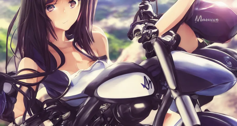 Image similar to close up of a high definition anime girl in a 1998 black Yamaha V80 motorbike with armenia quindio in the background , Artwork by Makoto Shinkai, pixiv, 8k, official media, wallpaper, hd