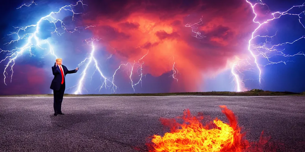 Image similar to donald trump casting fireballs, colorful hd picure, lightning in the background