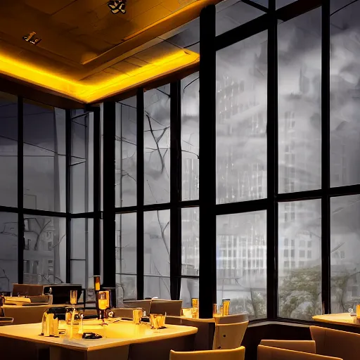 Image similar to modern high end designer restaurant at night in the foggy rain, symmetrical art deco office building with accent lighting, moody, epic composition, professional photograph, highly detailed, warm lighting interior, matte painting, large windows, dramatic lighting, unreal engine