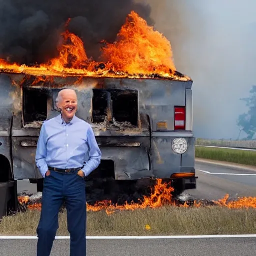 Prompt: photograph of joe biden laughing, standing next to a burning truck on the interstate, ultra realistic photo, hyper realistic