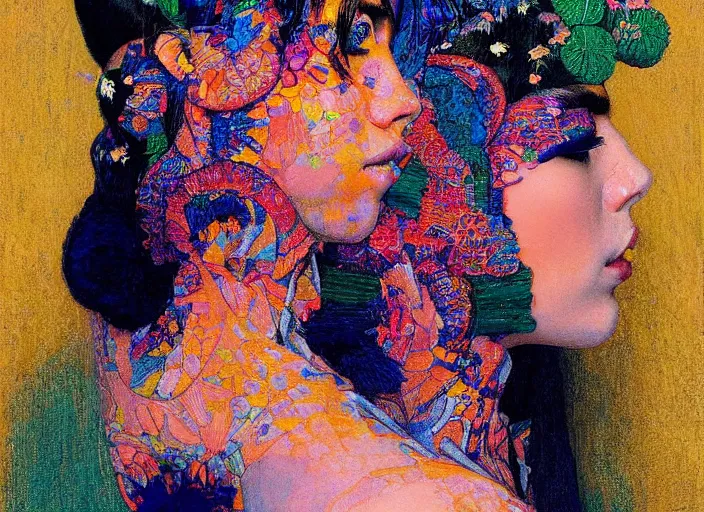 Image similar to dua lipa fully clothed, colorful, in the style of frantisek kupka, intricate, miles johnston, kuroda seiki, cynical realism, ozabu, john william godward, painterly, yoshitaka amano, moebius, beautiful lighting, miles johnston, klimt, louise zhang, james jean